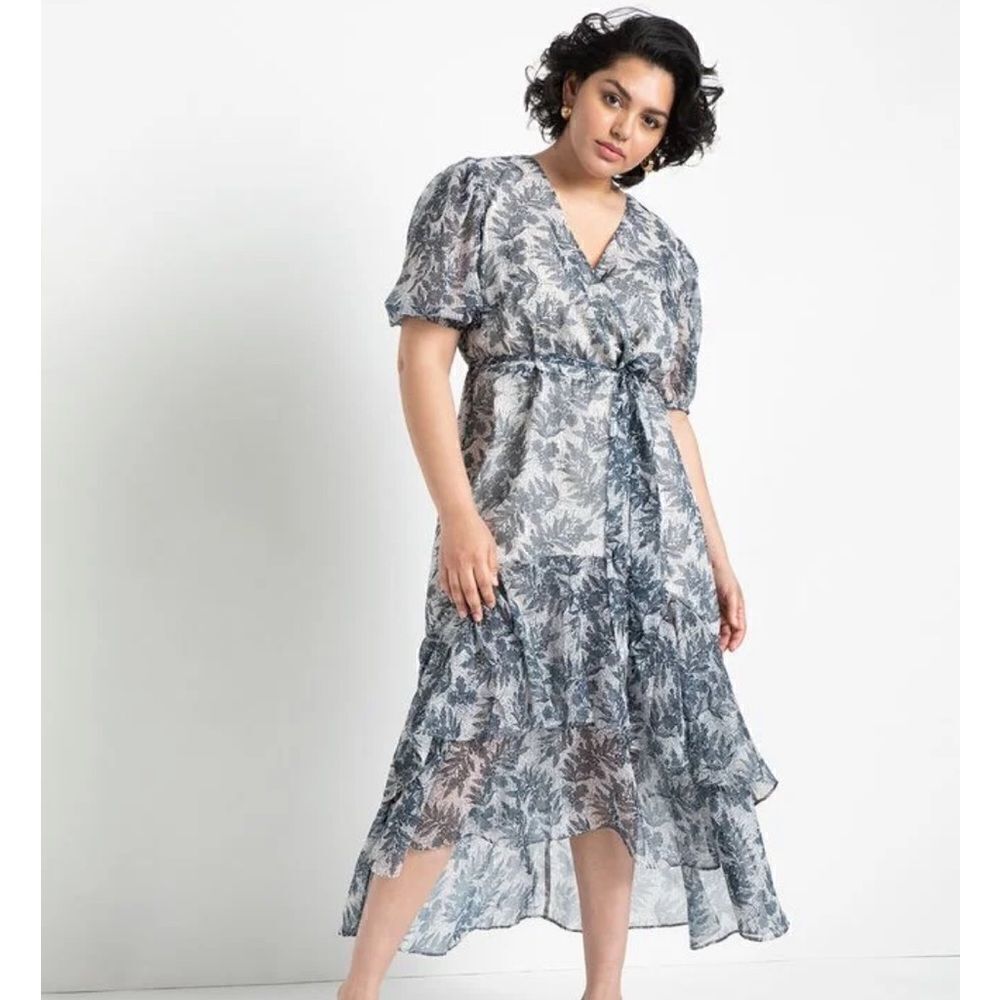 Eloquii Sheer Floral Wrap Dress Ruffled Tiered Skirt 16 Blue Cream